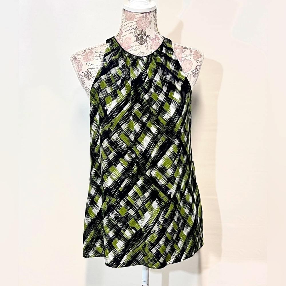LEONA Green and Black grid print sleeveless halter tank top size S